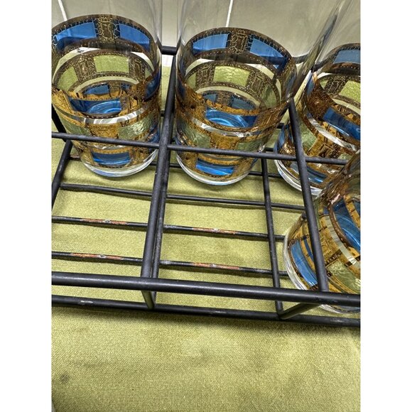 6 MCM Culver Empress Highball Glass Set 22K Gold Trim Caddy Table Top Decor Bar - Picture 10 of 16